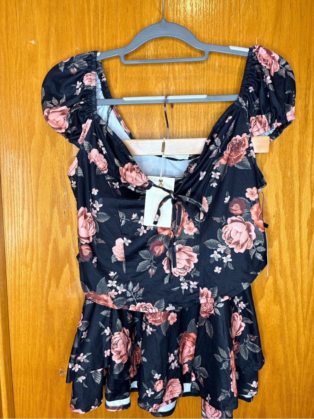 Joyfolie Two Piece Black Floral Print Coquette Academia Romantic Outfit.